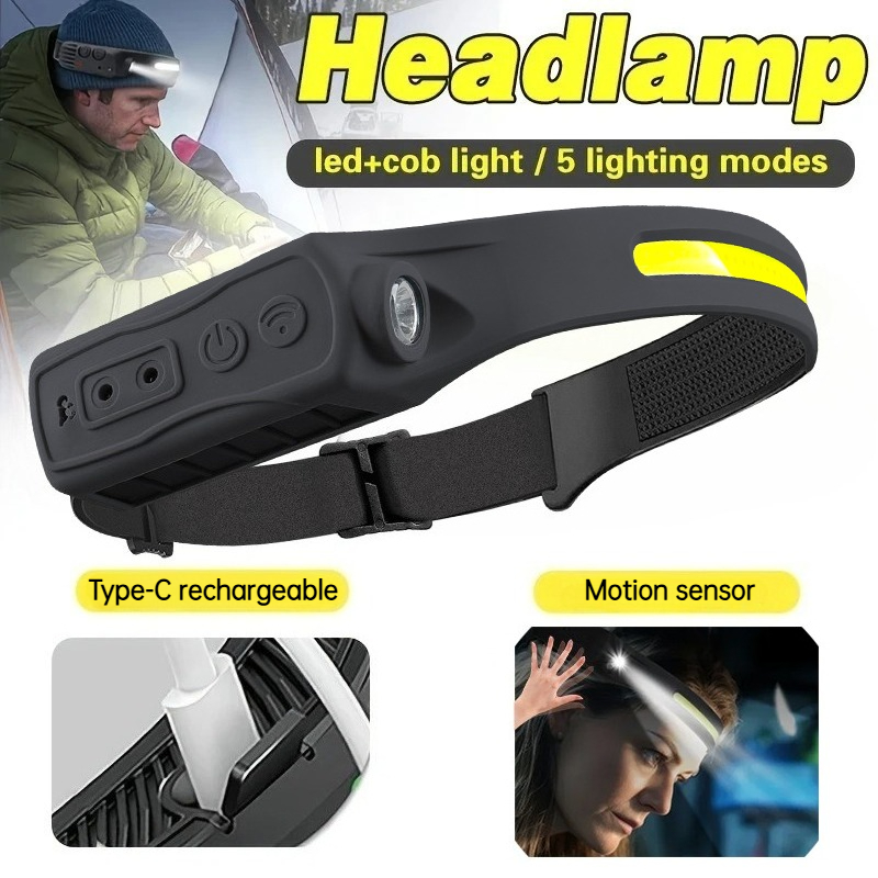 Outdoor Lighting With Sensor - Powerful COB LED Sensor Headlamp Rechargeable